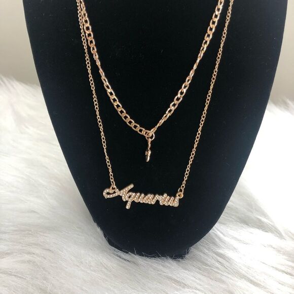 18 K Gold Plated Double Layer Diamond  Aquarius Zodiac Sign Necklace - Picture 5 of 5